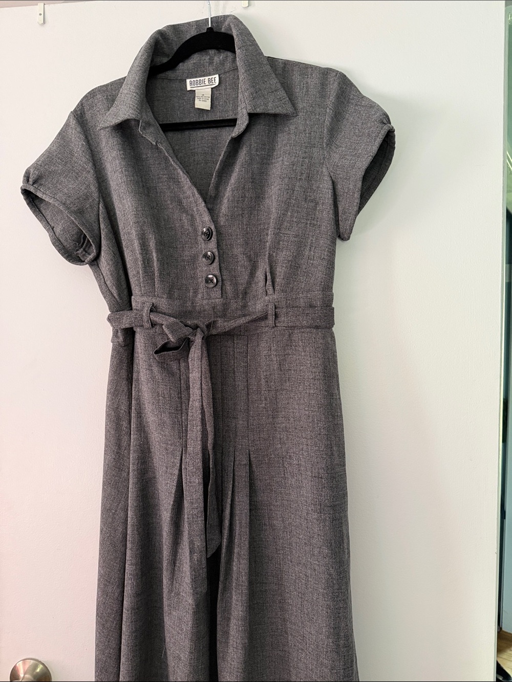 Robbie Bee Classic style Charcoal Gray MIDI Dress with Tie Waist